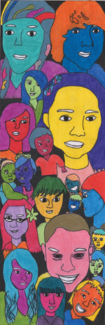 Image of a banner, titled Faces of the World, produced in 2010 by a group of Grade 8 students from Brampton, Ontario, on the theme of diversity