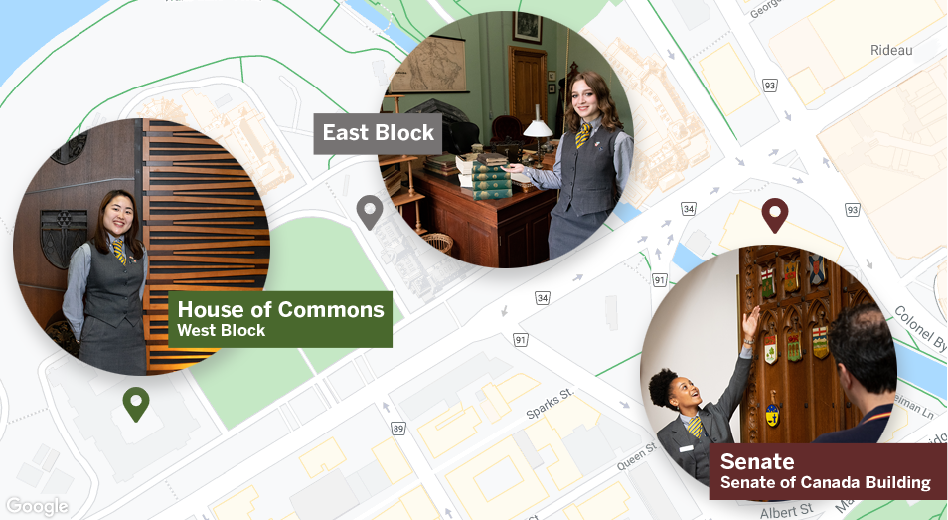 Image of parliamentary tour guides superimposed on a map of the locations of West Block, East Block and the Senate of Canada Building