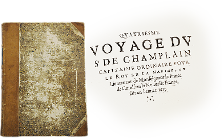 Image of the cover and title page of one of the Library’s rare books, Les voyages du Sieur de Champlain