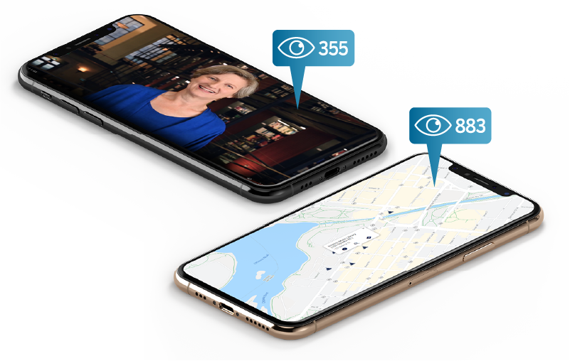 Image of two smartphones. The first phone displays an image of the Parliamentary Librarian’s video message and indicates the number of views (355 views). The second phone shows an image of the Library’s interactive branch map (883 views).