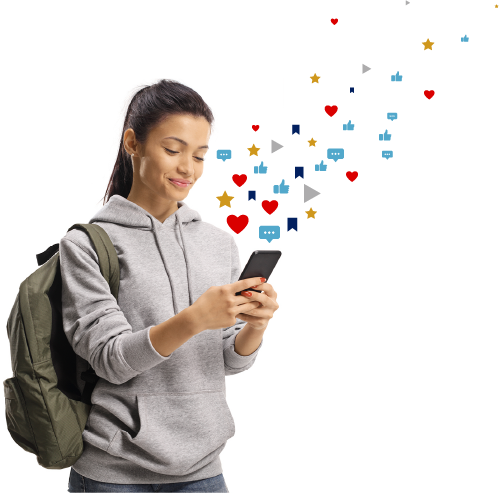 Image d’une jeune personne utilisant un téléphone intelligent avec une nuée de symboles utilisés sur les réseaux sociaux qui s’élève de son téléphone