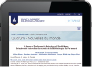 Image d’un écran de tablette présentant la page d’accueil de Quorum – Nouvelles du monde avec le nombre d’abonnés qui s’élève à 841.