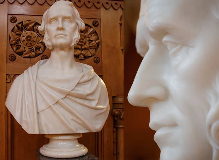A sculpted white marble bust on left and a closer view of facial features on right