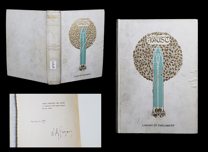 Three photos showing the spine and cover of Faust, bound in pale grey cloth with gold details and lettering, and an interior page with illustrator Willy Pogany’s signature next to the edition number of 97. The front cover includes the title illuminated with gold leaves and a tall stained-glass window. The words Library of Parliament are stamped in black at the bottom.