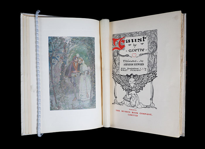 The title page of Faust, facing a full-colour illustration of “Faust and Margaret in the Summer House”