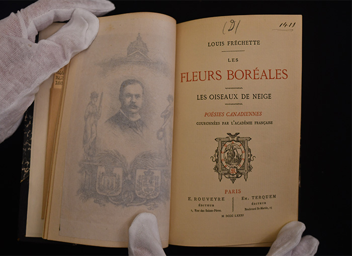 A sheet of buffered paper separates the Louis Fréchette portrait engraving on the left and the title page of the on the right. 