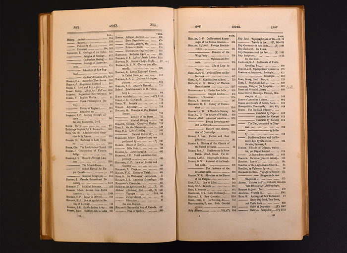 Photo of some pages from the index of the 1862 Alphabetical Catalogue of the Library of Parliament. 