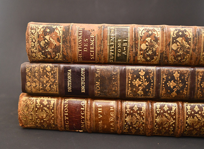 Image of 3 volumes of the Encyclopédie ou Dictionnaire raisonné des sciences, des arts et des métiers