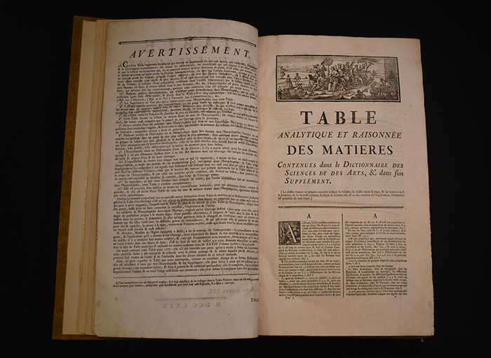 Image of a table of contents in the Encyclopédie ou Dictionnaire raisonné des sciences, des arts et des métiers 