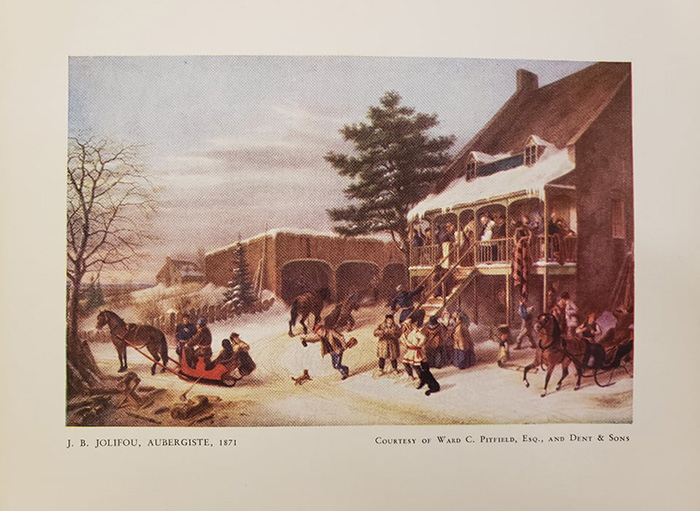Colour plate of the painting “J. B. Jolifou, Aubergiste,” dated 1871, showing a winter scene of Quebeckers leaving an inn 