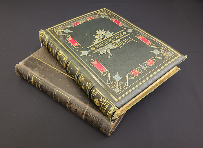 Deux volumes aux lettrages dorés empilés légèrement en biais. La couverture du volume du dessous est de cuir brun tandis que la couverture du volume du dessus est de cuir vert foncé.