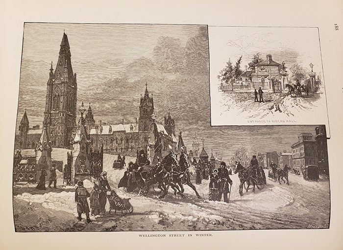 Engraving of a winter scene showing people walking or riding horse-drawn sleighs on snowy streets. The neogothic West Block sits in the background.