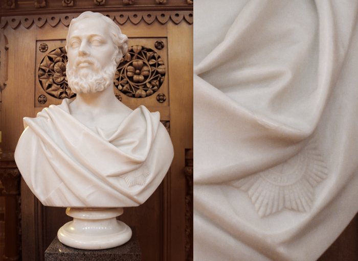 Photograph of a bust of Albert Edward, Prince of Wales, with a close-up view of the partial Star of the Order of the Garter detail