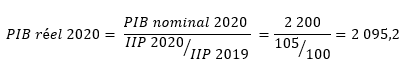 La première formule illustre comment on transforme le PIB nominal de 2020 en PIB réel de 2020, en divisant le PIB nominal de 2020 par le changement dans l’indice implicite des prix de 2019 à 2020. Ainsi, si le PIB nominal était de 2 000 milliards de dollars courants en 2019 et a augmenté à 2 200 milliards de dollars courants en 2020, et si l’indice implicite des prix a augmenté de 100 en 2019 à 105 en 2020, le PIB réel en 2020 est égal à 2 095,2 milliards de dollars.