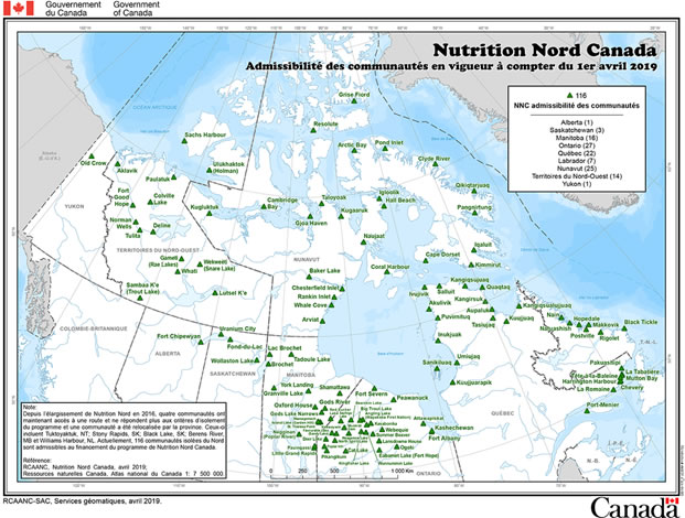 Cette carte du Canada montre les 116 collectivités admissibles à la contribution de Nutrition Nord Canada. (pour le texte intégral, cliquez sur « Afficher la version textuelle » ci-dessous)
