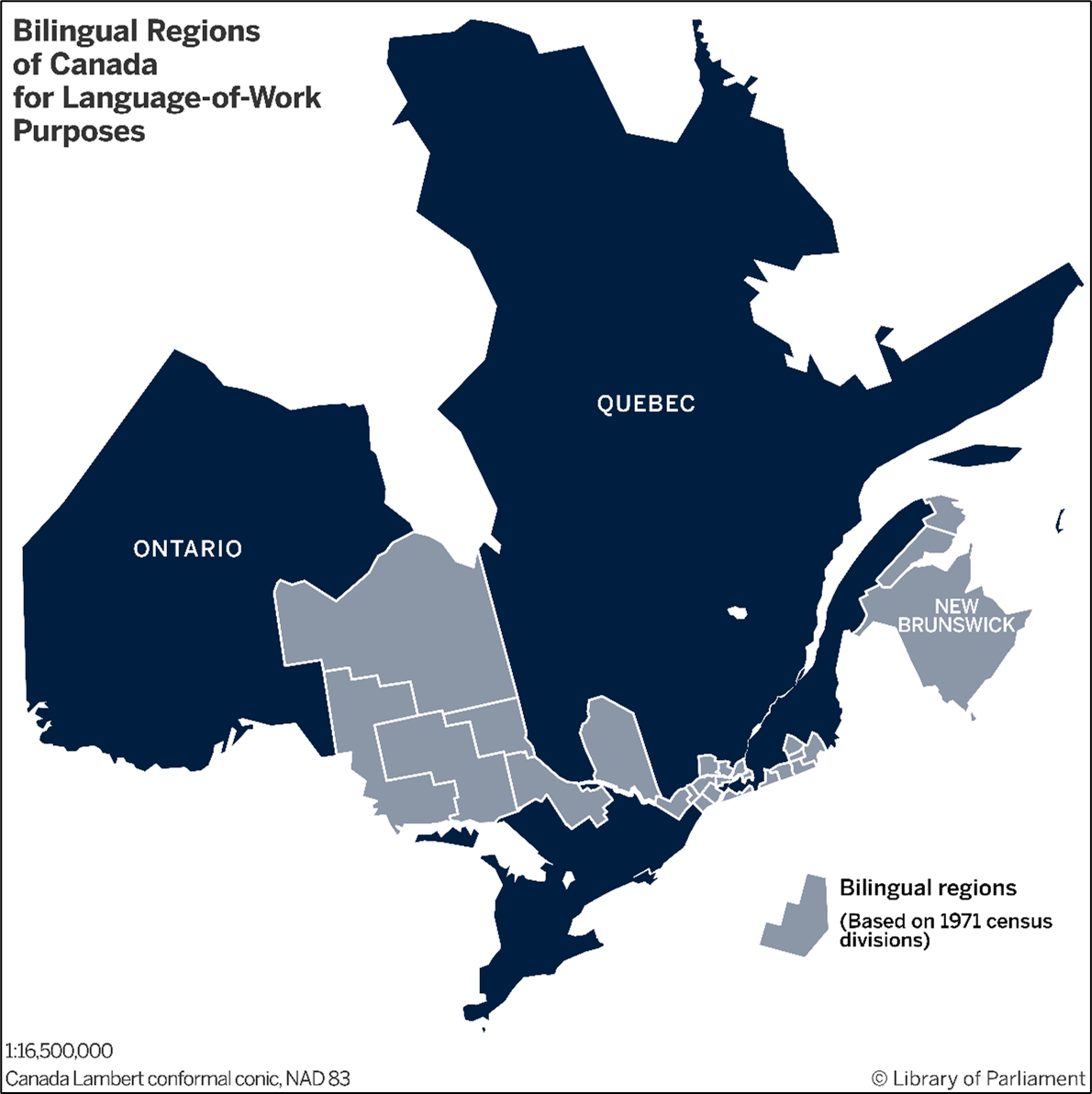 The regions of Canada that are considered bilingual for the purpose of language of work, as determined by the federal government in 1977, include the National Capital Region, the province of New Brunswick, some parts of the Montreal census metropolitan area, certain other parts of Quebec and parts of eastern and northern Ontario.