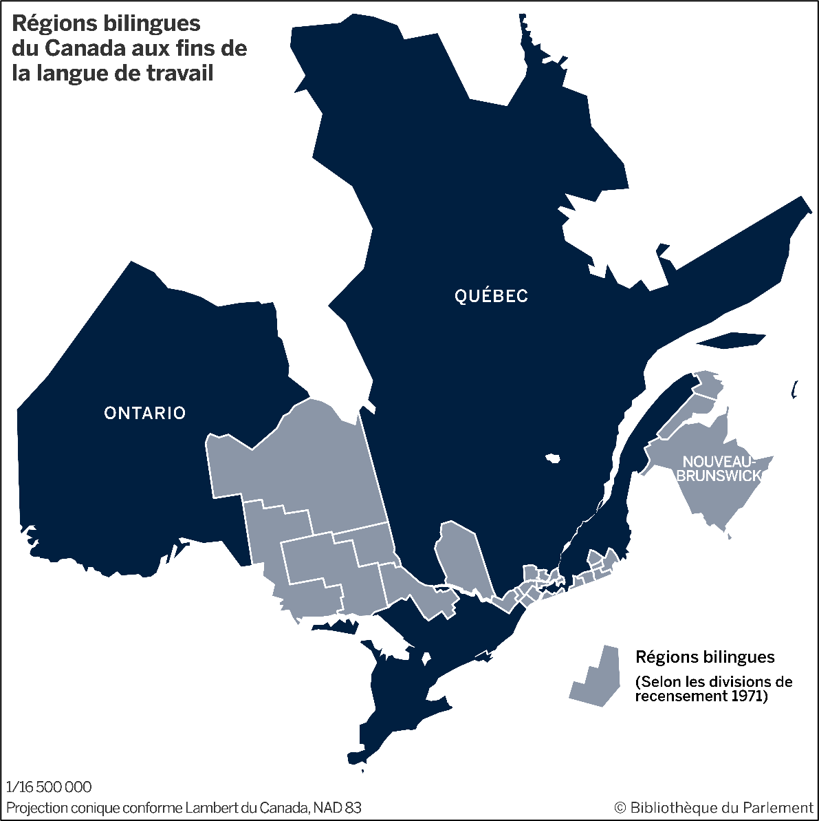 Les régions bilingues du Canada aux fins de la langue de travail, telles que déterminées par le gouvernement fédéral en 1977, comprennent la région de la capitale nationale, la province du Nouveau-Brunswick, certaines parties de la région métropolitaine de recensement de Montréal, certaines autres parties du Québec, ainsi que certaines parties de l'est et du nord de l'Ontario.