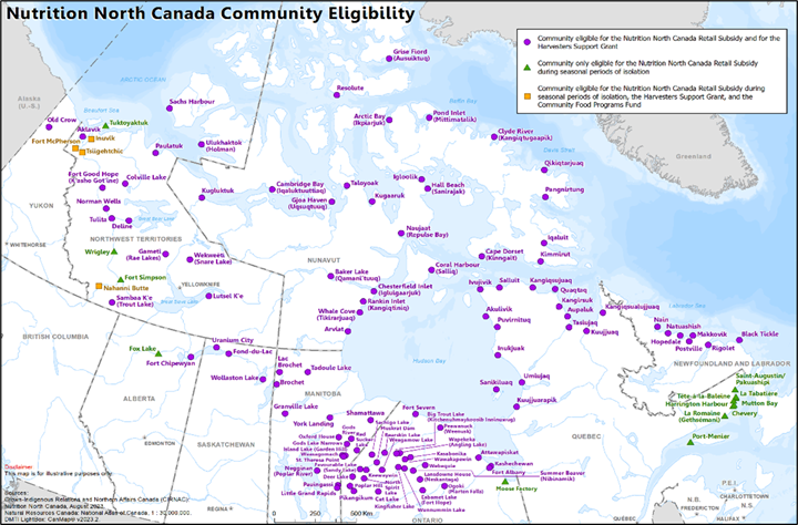 The 124 communities eligible for the Nutrition North Canada program are shown on a map of Canada. The communities are represented based on the type of subsidy for which they are eligible: the Nutrition North Canada Retail Subsidy, the Nutrition North Canada Retail Subsidy during seasonal periods of isolation, the Harvesters Support Grant and the Community Food Programs Fund. Consult the long description for a detailed list of these communities and the subsidies for which they are eligible.