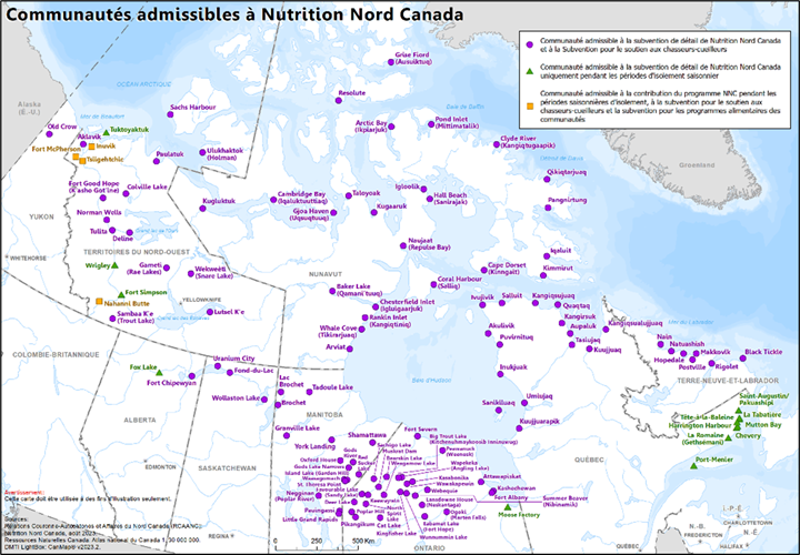 Une carte du Canada indique l’emplacement des 124 communautés admissibles au programme Nutrition Nord Canada. Les communautés sont représentées en fonction de la catégorie de contribution à laquelle elles sont admissibles : soit la subvention de détail de Nutrition Nord Canada, la subvention pour le soutien aux chasseurs-cueilleurs, la subvention de détail de Nutrition Nord Canada pendant les périodes d’isolement saisonnier et la subvention pour les programmes alimentaires des communautés. Consulter la version textuelle pour obtenir une liste détaillée de ces communautés et des contributions auxquelles elles sont admissibles.
