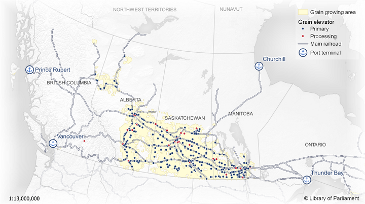 The principal grain growing areas in western Canada are in the heart of the Prairies, in central and southern Alberta, Saskatchewan and southern Manitoba. Grain elevators are scattered across the region and are primarily located along the railway lines that traverse the region. Railways lead to four main rail terminals, namely, the Vancouver and Prince Rupert terminals on the Pacific coast, the Churchill terminal in Hudson Bay in northern Manitoba, and the Thunder Bay terminal in Ontario which serves Lake Superior.