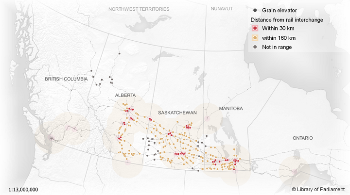 Map showing grain elevator eligibility based on interswitching distances. Where this distance is 30 km, eligible grain elevators in the Prairies region are concentrated around large cities. When the distance is 160 km, the majority of grain elevators are covered by the interswitch, but those in northern Alberta and in a section of Palliser’s Triangle remain outside interswitch eligibility nonetheless.