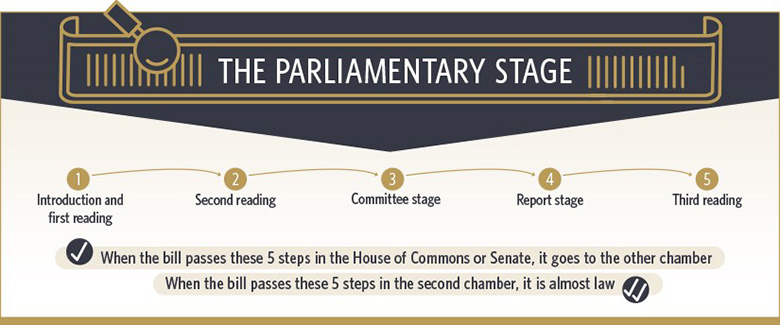 Parliamentary Stage:
This infographic shows the five steps that each bill must pass in each chamber of Parliament. The five steps are as follows:
1. Introduction and first reading
2. Second reading
3. Committee stage
4. Report stage
5. Third reading

When the bill passes these five steps in the House of Commons or the Senate, it goes to the other chamber. When the bill passes these five steps in the second chamber, it is almost law. 
 